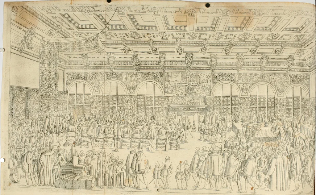 An illustration from Kurtze doch gegründte Beschreibung des durchleuchtigen hochgebornnen Fürsten vnnd Herzen, Herzen Wilhalmen,: Pfaltzgrauen bey Rhein, Hertzogen inn Obern vnd Nidern Baiern, &c. vnd derselbe, geliebsten Gemahel, der deuchtleuchtigist hochgebornnen Fürstin, Frewlein Renata gebornne Hertzogin zu Lottringen vnd Parr, &c. gehalten Hochzeitlichen Ehren Fests. Auch welcher gestalt die...Potentaten...enschinen. Vnd dann was für herrliche Ritterspil...Neben andern...kurtzweilen...in der Fürstlichen Haubstat München gehalten worden sein, den zwenvndzwaintzigisten vnd nachuolgende tag Februarij, Jm 1568. Jar, 1568, leaf 78