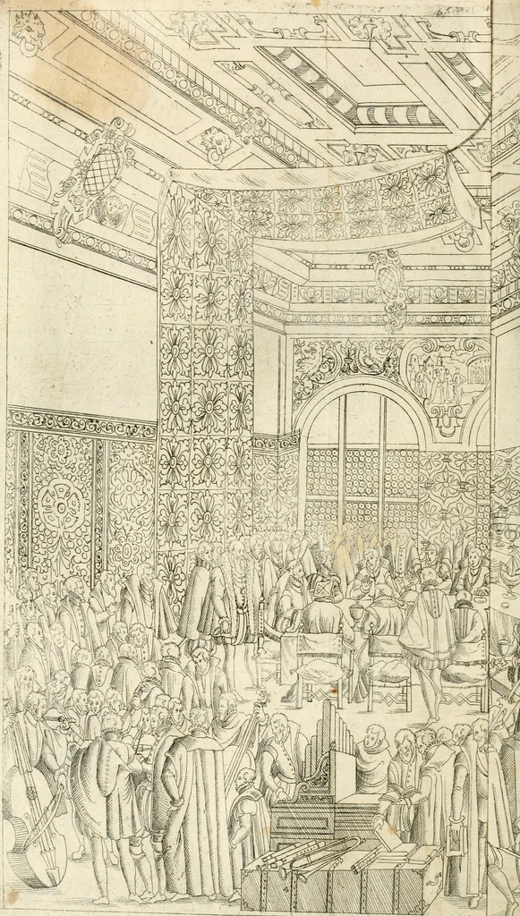 An illustration from Kurtze doch gegründte Beschreibung des durchleuchtigen hochgebornnen Fürsten vnnd Herzen, Herzen Wilhalmen,: Pfaltzgrauen bey Rhein, Hertzogen inn Obern vnd Nidern Baiern, &c. vnd derselbe, geliebsten Gemahel, der deuchtleuchtigist hochgebornnen Fürstin, Frewlein Renata gebornne Hertzogin zu Lottringen vnd Parr, &c. gehalten Hochzeitlichen Ehren Fests. Auch welcher gestalt die...Potentaten...enschinen. Vnd dann was für herrliche Ritterspil...Neben andern...kurtzweilen...in der Fürstlichen Haubstat München gehalten worden sein, den zwenvndzwaintzigisten vnd nachuolgende tag Februarij, Jm 1568. Jar, 1568, leaf 79
