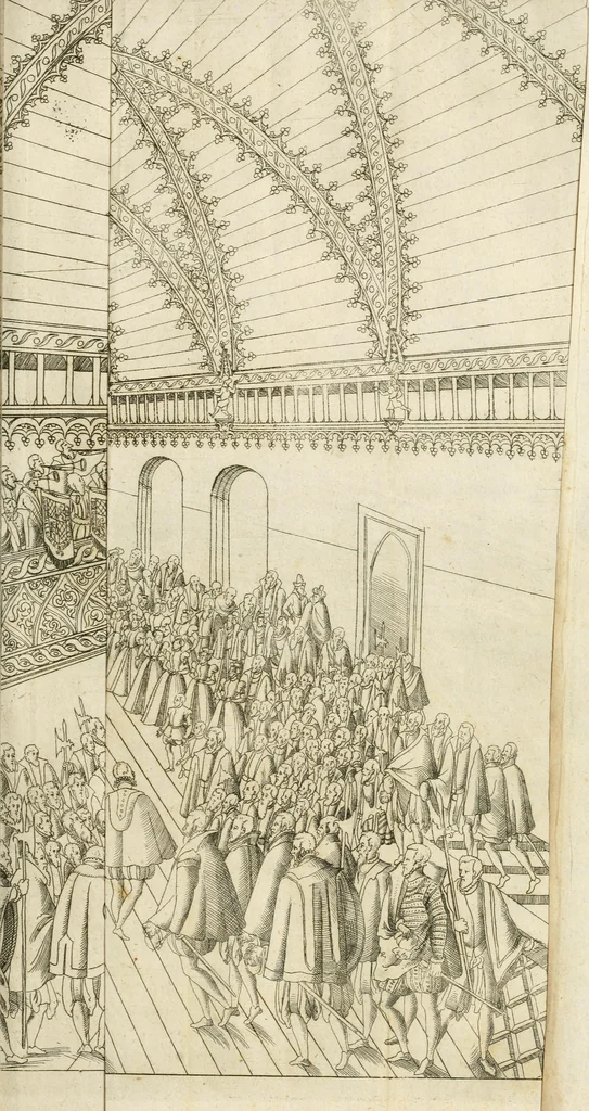 An illustration from Kurtze doch gegründte Beschreibung des durchleuchtigen hochgebornnen Fürsten vnnd Herzen, Herzen Wilhalmen,: Pfaltzgrauen bey Rhein, Hertzogen inn Obern vnd Nidern Baiern, &c. vnd derselbe, geliebsten Gemahel, der deuchtleuchtigist hochgebornnen Fürstin, Frewlein Renata gebornne Hertzogin zu Lottringen vnd Parr, &c. gehalten Hochzeitlichen Ehren Fests. Auch welcher gestalt die...Potentaten...enschinen. Vnd dann was für herrliche Ritterspil...Neben andern...kurtzweilen...in der Fürstlichen Haubstat München gehalten worden sein, den zwenvndzwaintzigisten vnd nachuolgende tag Februarij, Jm 1568. Jar, 1568, leaf 86
