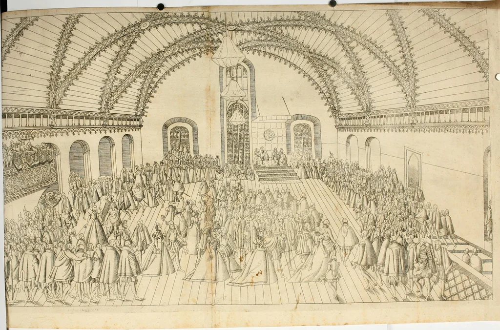 An illustration from Kurtze doch gegründte Beschreibung des durchleuchtigen hochgebornnen Fürsten vnnd Herzen, Herzen Wilhalmen,: Pfaltzgrauen bey Rhein, Hertzogen inn Obern vnd Nidern Baiern, &c. vnd derselbe, geliebsten Gemahel, der deuchtleuchtigist hochgebornnen Fürstin, Frewlein Renata gebornne Hertzogin zu Lottringen vnd Parr, &c. gehalten Hochzeitlichen Ehren Fests. Auch welcher gestalt die...Potentaten...enschinen. Vnd dann was für herrliche Ritterspil...Neben andern...kurtzweilen...in der Fürstlichen Haubstat München gehalten worden sein, den zwenvndzwaintzigisten vnd nachuolgende tag Februarij, Jm 1568. Jar, 1568, leaf 87