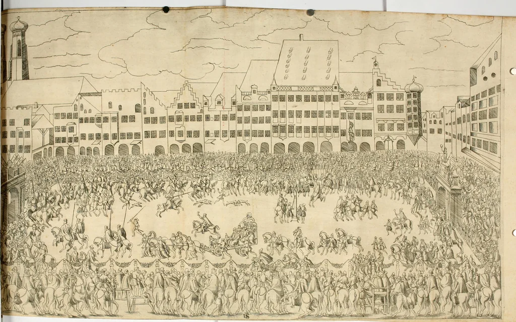 An illustration from Kurtze doch gegründte Beschreibung des durchleuchtigen hochgebornnen Fürsten vnnd Herzen, Herzen Wilhalmen,: Pfaltzgrauen bey Rhein, Hertzogen inn Obern vnd Nidern Baiern, &c. vnd derselbe, geliebsten Gemahel, der deuchtleuchtigist hochgebornnen Fürstin, Frewlein Renata gebornne Hertzogin zu Lottringen vnd Parr, &c. gehalten Hochzeitlichen Ehren Fests. Auch welcher gestalt die...Potentaten...enschinen. Vnd dann was für herrliche Ritterspil...Neben andern...kurtzweilen...in der Fürstlichen Haubstat München gehalten worden sein, den zwenvndzwaintzigisten vnd nachuolgende tag Februarij, Jm 1568. Jar, 1568, leaf 95