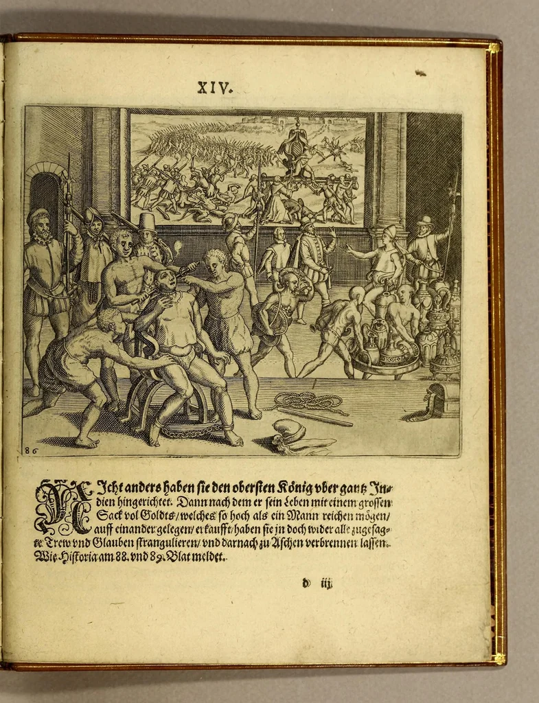 An illustration from Kurtze Erklärung der fürnembsten Thaten, so durch die Spanier beschehen in etlichen Orten der neuwen Welt, : so in folgenden Kupfferstücken, schön, zierlich vnd künstlich derselben bey jeder Historien, jetzt ins Teutsch dar gegeben werden, 1599, leaf 35