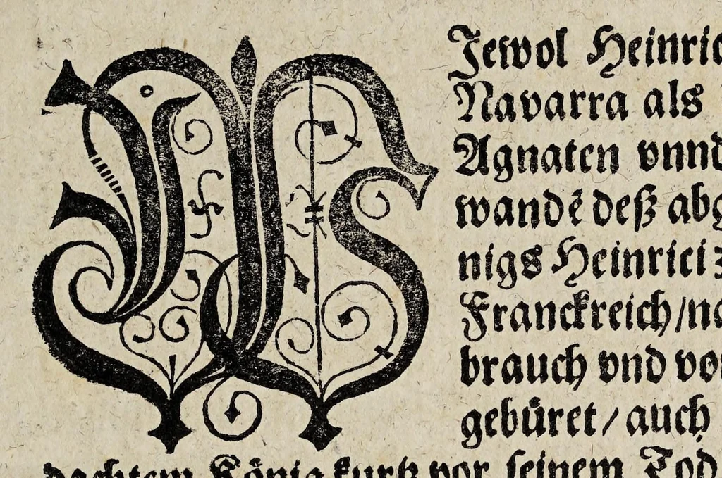 An illustration from Kurtze Erzehlung wie Heinricus, König von Navarra, von seiner vorigen Bekentnuss abgestanden, sich zu der Catholischen Römischen Kirchen und Religion begeben, und darauff zum König in Franckreich mit gewönlicher Solennitet, zu S. Dioniss durch den Cardinal Vendosme, und den Ertzbischoff von Burges gesalbetworden., 1593, leaf 9