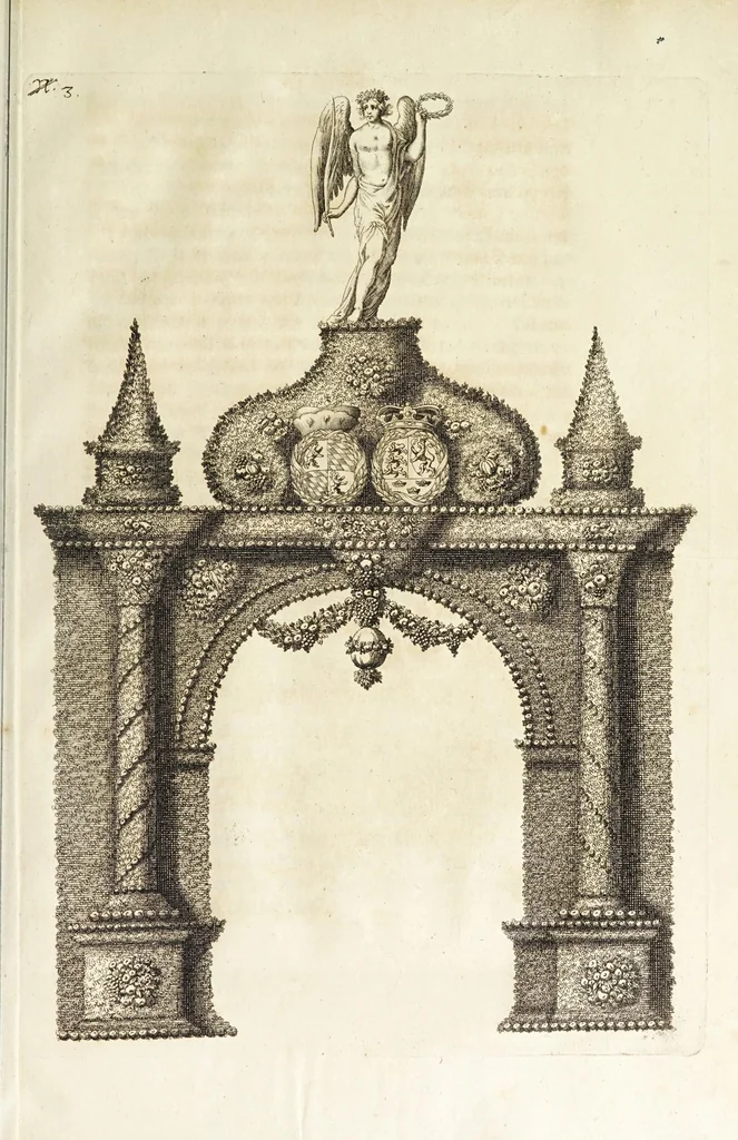 An illustration from Kurtze vnd eygentliche Beschreibung dess jenigen, so bey der Verlöbnus, Heimführ- vnd Vermählung dess durchleuchtigsten Fürsten vnd Herrn, Herrn Caroli, Pfaltzgrafens bey Rhein vnd Chur-Printzens, Hertzogen in Bayern &c. mit der auch durchleuchtigsten Fürstin vnd Frauen, Fraven Wilhelmina Ernestina, geborner königl. Erb-Princessin zu Dennemarck, Norwegen, der Wenden vnd Gothen, Hertzogin zu Schlesswig, Hollstein, Stormarren vnd der Ditmarschen, Gräfin zu Oldenburg vnd Delmenhhorst &c. vorgangen : mit beygefügten vnterschiedlichen Kupfferstücken, Emblematibus, auch gehaltenen Orationen, vnd auffgesetzten Ehren-Gedichten, 1672, leaf 41
