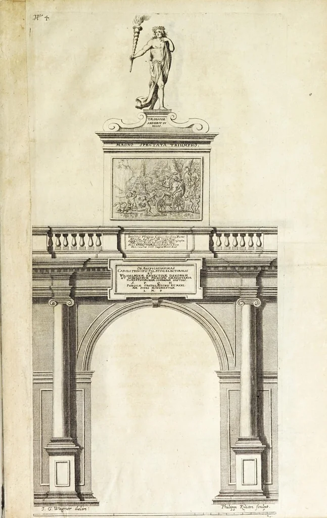 An illustration from Kurtze vnd eygentliche Beschreibung dess jenigen, so bey der Verlöbnus, Heimführ- vnd Vermählung dess durchleuchtigsten Fürsten vnd Herrn, Herrn Caroli, Pfaltzgrafens bey Rhein vnd Chur-Printzens, Hertzogen in Bayern &c. mit der auch durchleuchtigsten Fürstin vnd Frauen, Fraven Wilhelmina Ernestina, geborner königl. Erb-Princessin zu Dennemarck, Norwegen, der Wenden vnd Gothen, Hertzogin zu Schlesswig, Hollstein, Stormarren vnd der Ditmarschen, Gräfin zu Oldenburg vnd Delmenhhorst &c. vorgangen : mit beygefügten vnterschiedlichen Kupfferstücken, Emblematibus, auch gehaltenen Orationen, vnd auffgesetzten Ehren-Gedichten, 1672, leaf 81