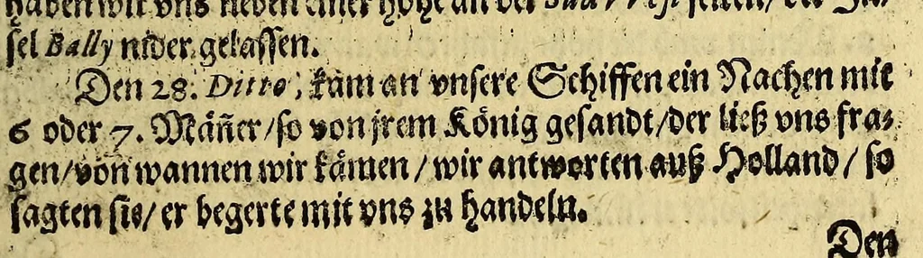 An illustration from Kurtze Warhafftige Beschreibung der newen Reyse oder Schiffahrt, so die hollendischen Schiff, in denn Orientalischen Indien; verricht: : welche anno 1595. in Martio, Aida aussegefahrn vnd erst im Augusto dess verlauffenen 1597 Jahrs, widerkommen seind. Darinne der gantz Succes der Reyse, was sich täglich verlauffen und zugetragen, erzält wird., 1598, leaf 79