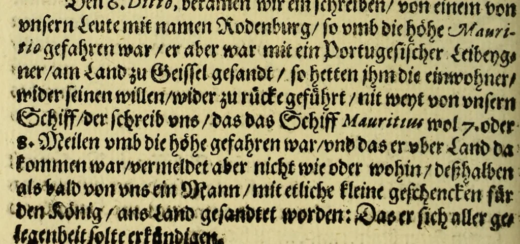 An illustration from Kurtze Warhafftige Beschreibung der newen Reyse oder Schiffahrt, so die hollendischen Schiff, in denn Orientalischen Indien; verricht: : welche anno 1595. in Martio, Aida aussegefahrn vnd erst im Augusto dess verlauffenen 1597 Jahrs, widerkommen seind. Darinne der gantz Succes der Reyse, was sich täglich verlauffen und zugetragen, erzält wird., 1598, leaf 80