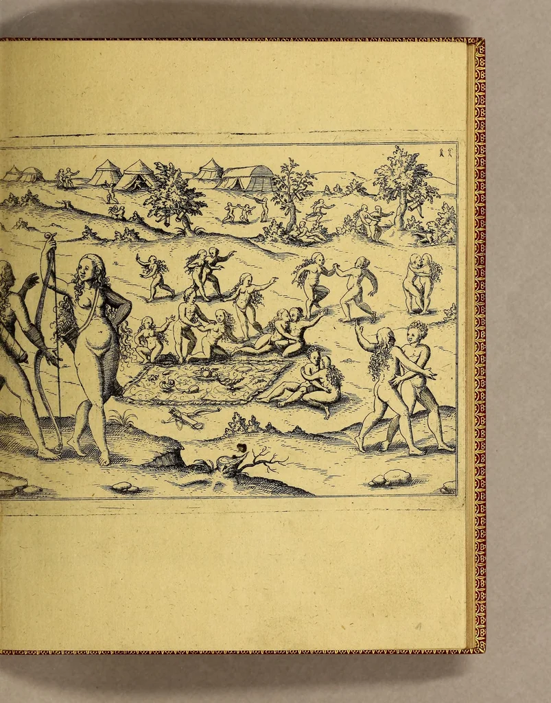 An illustration from Kurtze wunderbare Beschreibung. Dess Goldreichen Königreichs Guianae im America, oder newen Welt, vnter der Linea Aequinoctiali gelegen: so newlich Anno 1594. 1595. vnnd 1596. von dem wolgebornen Herrn, Herrn Walthero Ralegh, einem englischen Ritter, besucht worden: : erstlich auss befehl seiner Gnaden in zweyen Büchlein beschrieben, darauss Iodocus Hondius, ein schöne Land Taffel, mit einer niderländischen Erklärung gemacht, jetzt aber ins Hochteutsch gebracht, vnd auss vnterschietlichen Authoribus erkläret., 1599, leaf 31