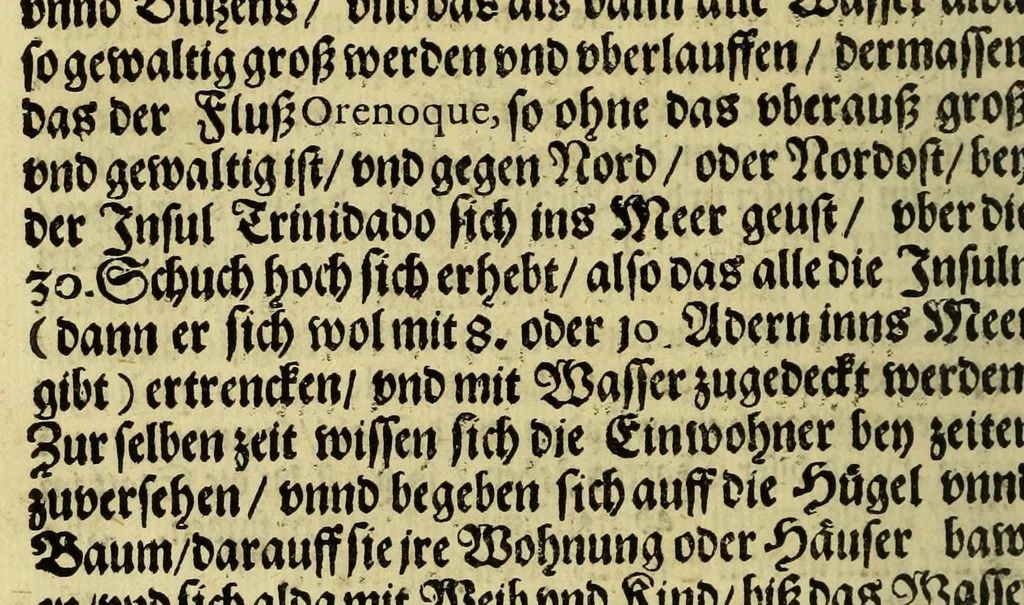 An illustration from Kurtze wunderbare Beschreibung, dess Goldreichen Königreichs Guianae in America oder newen Welt, vnder der Linea Aequinoctiali gelegen: so neulich Anno 1594. 1595. vnd 1596. von dem wolgebornen Herrn, Herrn Walthero Ralegh einem englischen Ritter, besucht worden: : erstlich auss befehl seiner Gnaden in zweyen Büchlein beschrieben, daraus Iodocus Hondius, ein schöne Land Taffel, mit einer niderländischen Erklärung gemacht. Jetzt aber ins Hochteutsch gebracht, vnd auss vnterschiedlichen Authoribus erkläret, 1601, leaf 14