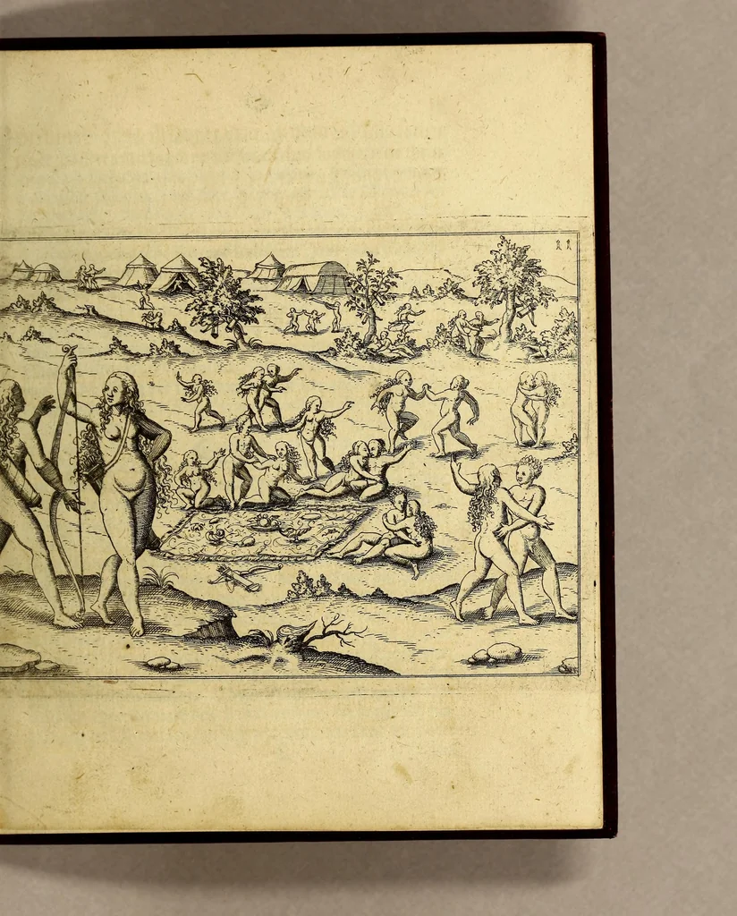 An illustration from Kurtze wunderbare Beschreibung, dess Goldreichen Königreichs Guianae in America oder newen Welt, vnder der Linea Aequinoctiali gelegen: so neulich Anno 1594. 1595. vnd 1596. von dem wolgebornen Herrn, Herrn Walthero Ralegh einem englischen Ritter, besucht worden: : erstlich auss befehl seiner Gnaden in zweyen Büchlein beschrieben, daraus Iodocus Hondius, ein schöne Land Taffel, mit einer niderländischen Erklärung gemacht. Jetzt aber ins Hochteutsch gebracht, vnd auss vnterschiedlichen Authoribus erkläret, 1601, leaf 29