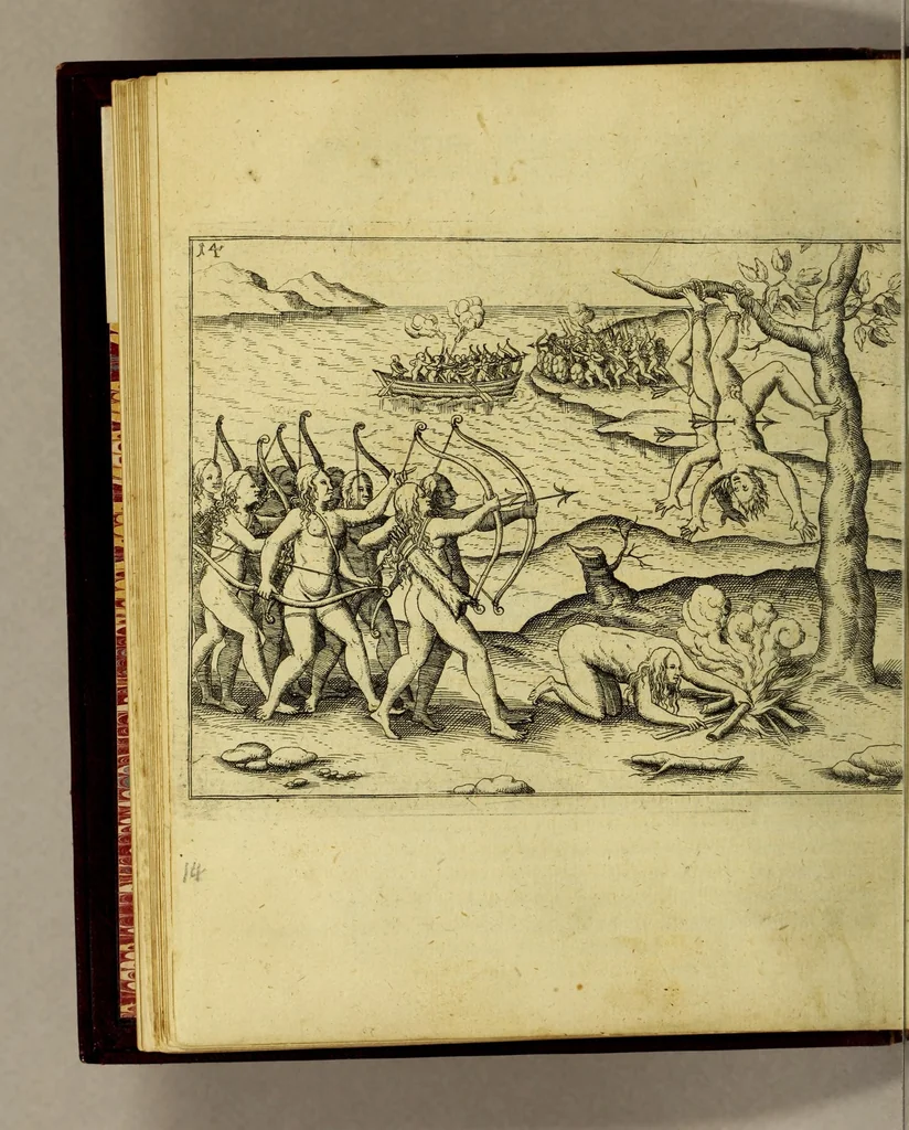 An illustration from Kurtze wunderbare Beschreibung, dess Goldreichen Königreichs Guianae in America oder newen Welt, vnder der Linea Aequinoctiali gelegen: so neulich Anno 1594. 1595. vnd 1596. von dem wolgebornen Herrn, Herrn Walthero Ralegh einem englischen Ritter, besucht worden: : erstlich auss befehl seiner Gnaden in zweyen Büchlein beschrieben, daraus Iodocus Hondius, ein schöne Land Taffel, mit einer niderländischen Erklärung gemacht. Jetzt aber ins Hochteutsch gebracht, vnd auss vnterschiedlichen Authoribus erkläret, 1601, leaf 34