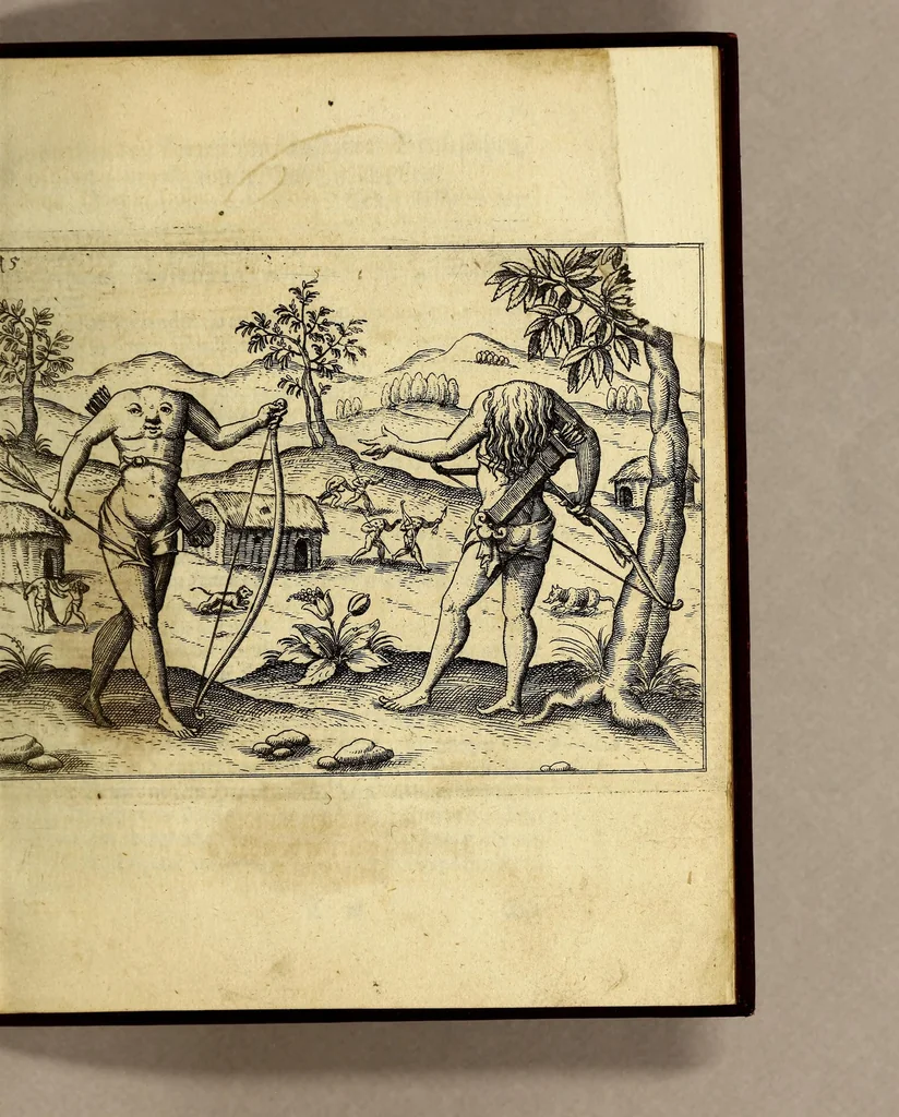 An illustration from Kurtze wunderbare Beschreibung, dess Goldreichen Königreichs Guianae in America oder newen Welt, vnder der Linea Aequinoctiali gelegen: so neulich Anno 1594. 1595. vnd 1596. von dem wolgebornen Herrn, Herrn Walthero Ralegh einem englischen Ritter, besucht worden: : erstlich auss befehl seiner Gnaden in zweyen Büchlein beschrieben, daraus Iodocus Hondius, ein schöne Land Taffel, mit einer niderländischen Erklärung gemacht. Jetzt aber ins Hochteutsch gebracht, vnd auss vnterschiedlichen Authoribus erkläret, 1601, leaf 37