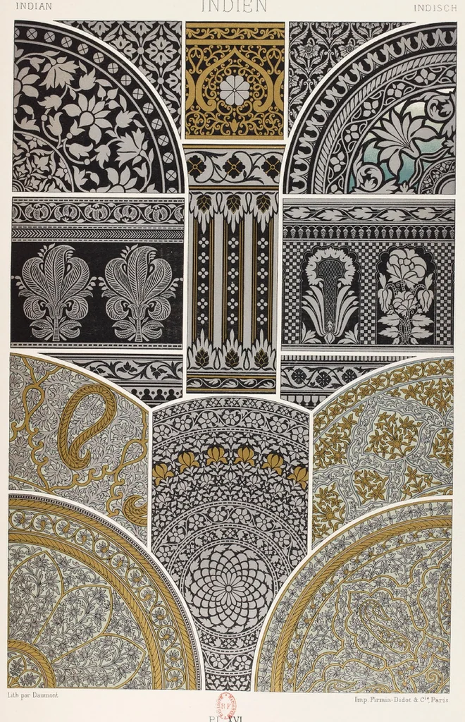 An illustration from L' Ornement Polychrome Cent Planches Color lithograph Albert-Charles-Auguste Racinet, 1880, leaf 141
