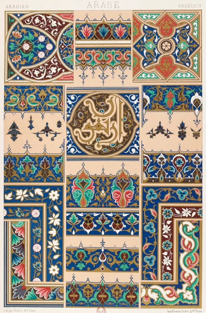 An illustration from L' Ornement Polychrome Cent Planches Color lithograph Albert-Charles-Auguste Racinet, 1880, leaf 189