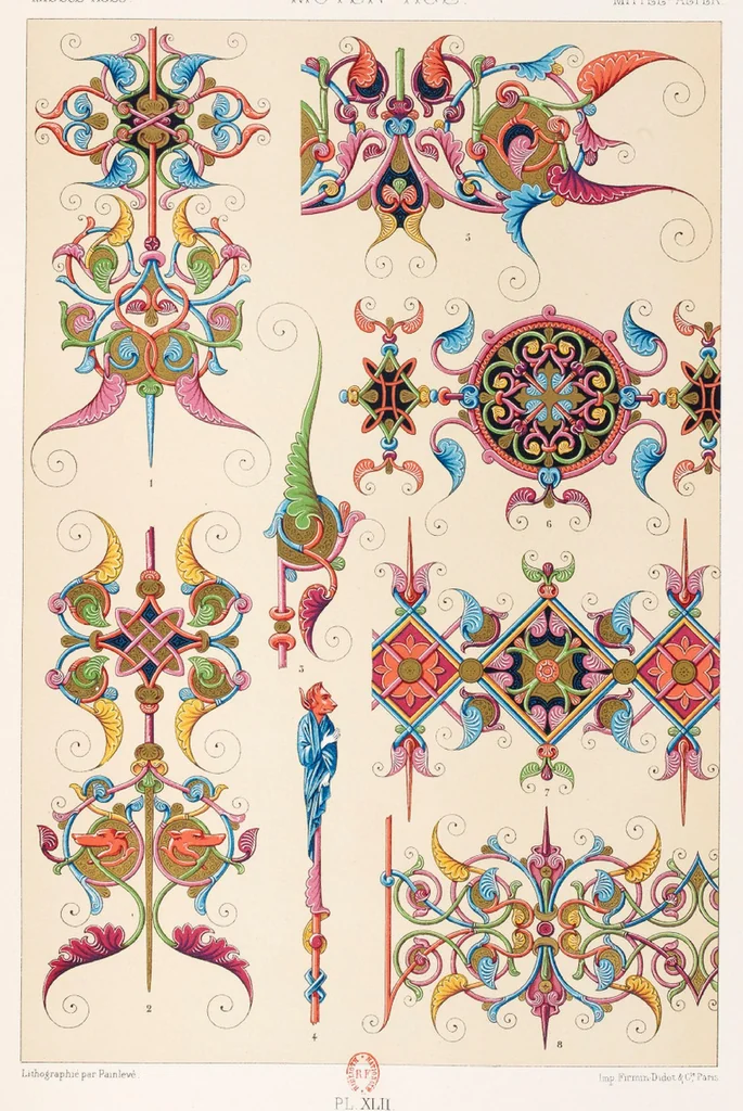 An illustration from L' Ornement Polychrome Cent Planches Color lithograph Albert-Charles-Auguste Racinet, 1880, leaf 245