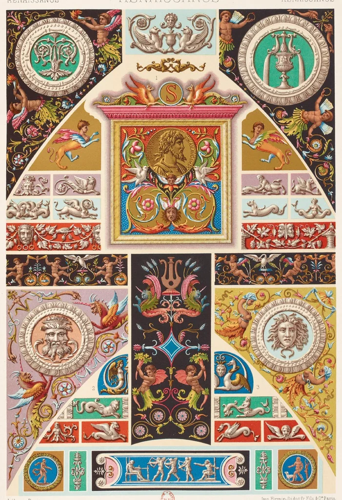 An illustration from L' Ornement Polychrome Cent Planches Color lithograph Albert-Charles-Auguste Racinet, 1880, leaf 293
