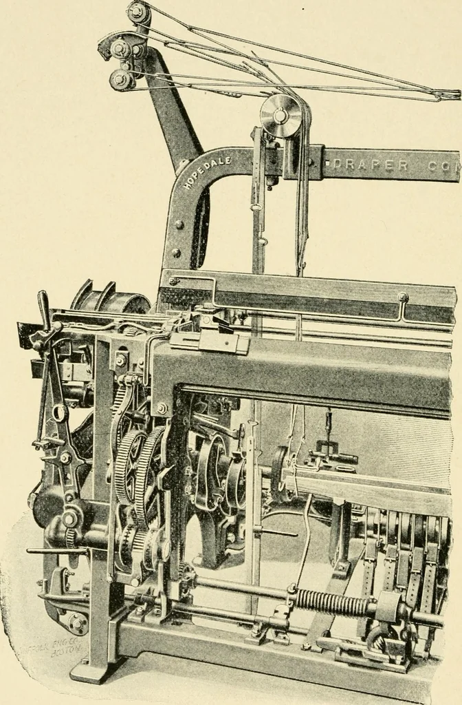 An illustration from Labor-saving looms : a brief treatise on plain weaving and the recent improvements in that line, with special reference to the Northrup looms manufactured by Draper company, Hopedale, Mass., U. S. A., 1904, leaf 105