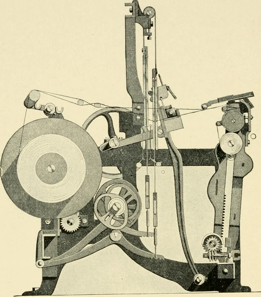 An illustration from Labor-saving looms : a brief treatise on plain weaving and the recent improvements in that line, with special reference to the Northrup looms manufactured by Draper company, Hopedale, Mass., U. S. A., 1904, leaf 113