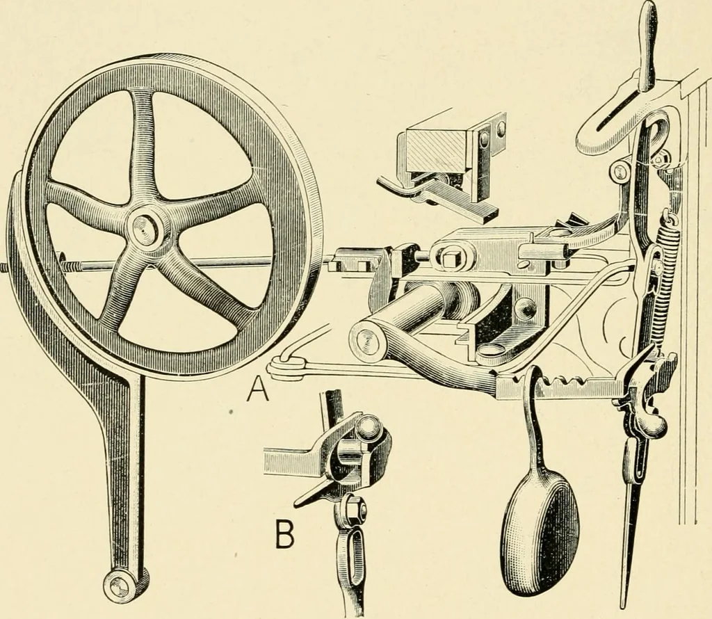 An illustration from Labor-saving looms : a brief treatise on plain weaving and the recent improvements in that line, with special reference to the Northrup looms manufactured by Draper company, Hopedale, Mass., U. S. A., 1904, leaf 115