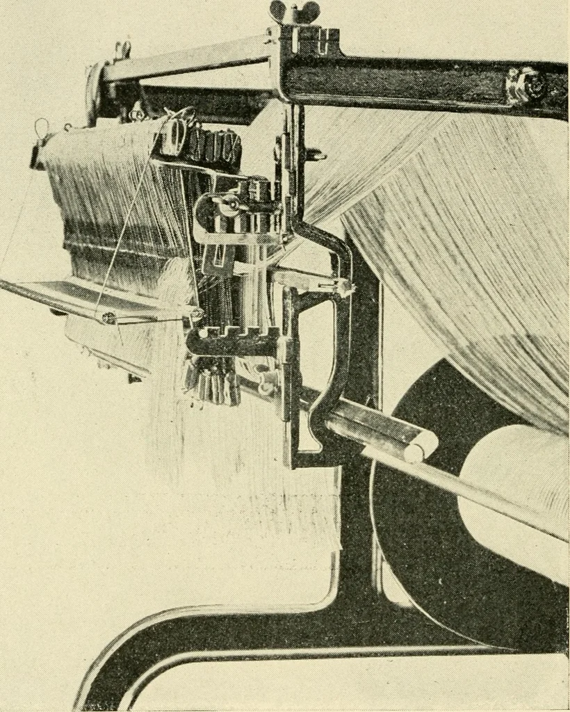 An illustration from Labor-saving looms : a brief treatise on plain weaving and the recent improvements in that line, with special reference to the Northrup looms manufactured by Draper company, Hopedale, Mass., U. S. A., 1904, leaf 119