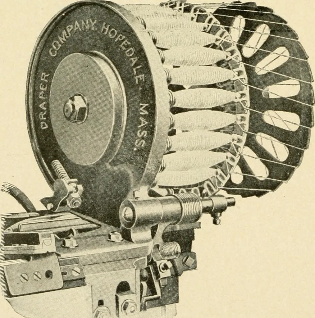 An illustration from Labor-saving looms : a brief treatise on plain weaving and the recent improvements in that line, with special reference to the Northrup looms manufactured by Draper company, Hopedale, Mass., U. S. A., 1904, leaf 55