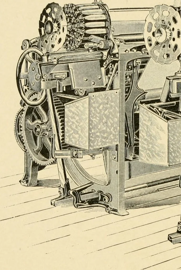 An illustration from Labor-saving looms : a brief treatise on plain weaving and the recent improvements in that line, with special reference to the Northrup looms manufactured by Draper company, Hopedale, Mass., U. S. A., 1904, leaf 83