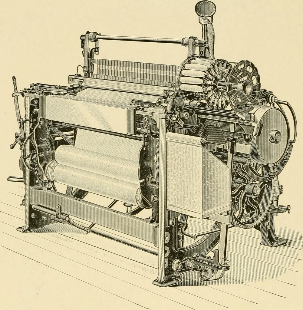 An illustration from Labor-saving looms : a brief treatise on plain weaving and the recent improvements in that line, with special reference to the Northrup looms manufactured by Draper company, Hopedale, Mass., U. S. A., 1904, leaf 85