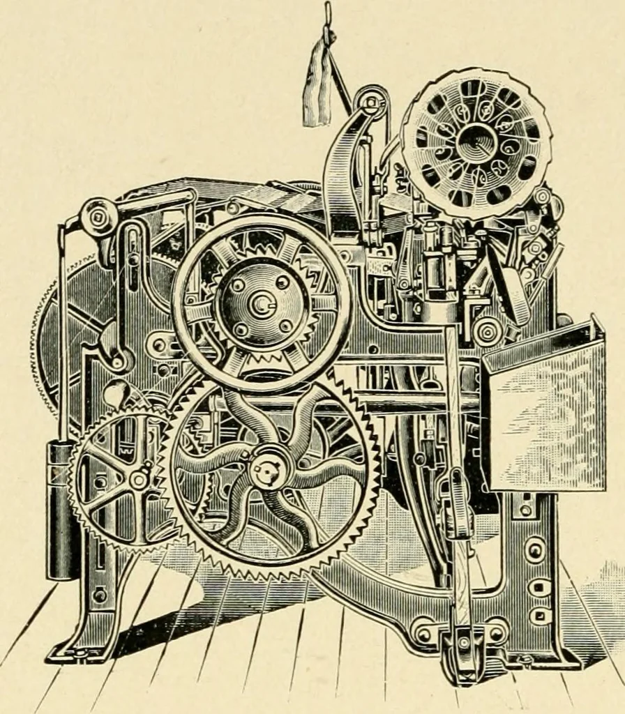 An illustration from Labor-saving looms : a brief treatise on plain weaving and the recent improvements in that line, with special reference to the Northrup looms manufactured by Draper company, Hopedale, Mass., U. S. A., 1904, leaf 9