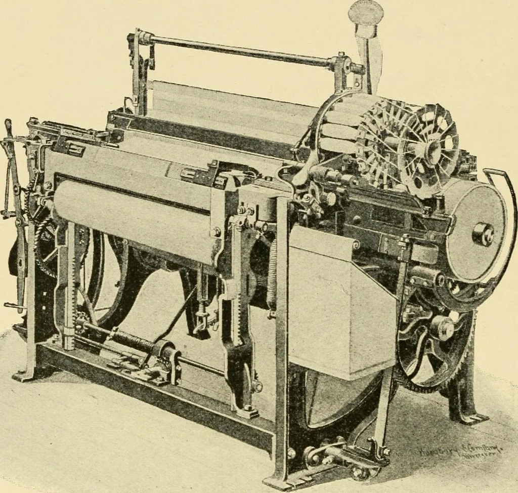 An illustration from Labor-saving looms : a brief treatise on plain weaving and the recent improvements in that line, with special reference to the Northrup looms manufactured by Draper company, Hopedale, Mass., U. S. A., 1904, leaf 91