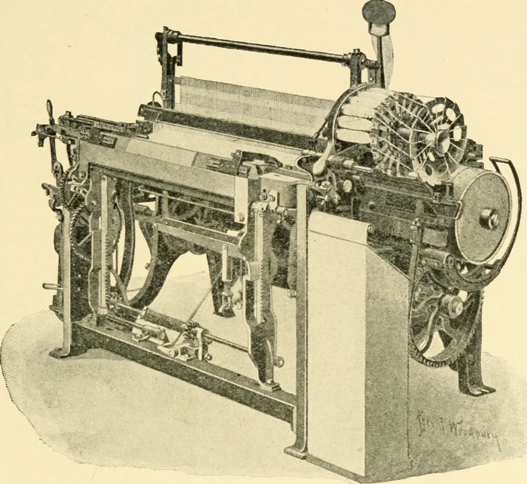 An illustration from Labor-saving looms : a brief treatise on plain weaving and the recent improvements in that line, with special reference to the Northrup looms manufactured by Draper company, Hopedale, Mass., U. S. A., 1904, leaf 92