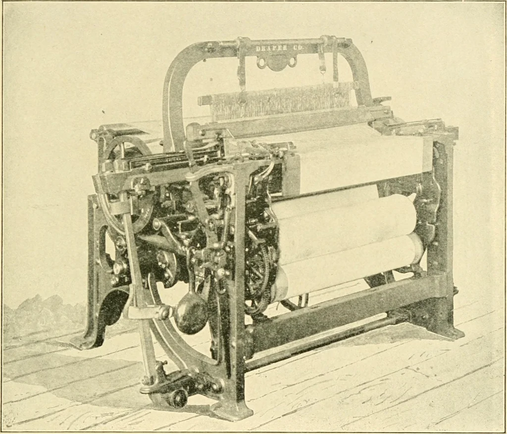 An illustration from Labor-saving looms : a brief treatise on plain weaving and the recent improvements in that line, with special reference to the Northrup looms manufactured by Draper company, Hopedale, Mass., U. S. A., 1904, leaf 98