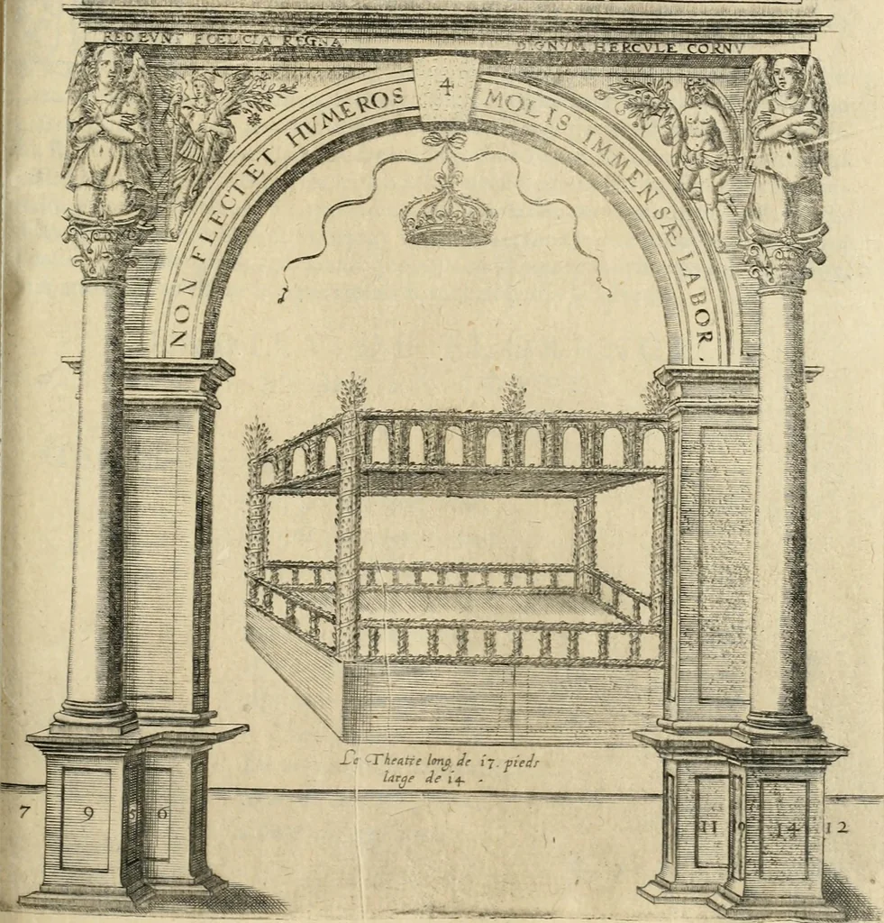 An illustration from Labyrinthe royal de l'Hercule gaulois triomphant : sur le suject des fortunes, batailles, victoires, trophées, triomphes, mariage & autres faicts heroiques & memorables de tres-auguste & tres-chrestien prince Henry IIII roy de France & de Navarre : representé à l'entrée trimphante de la royne en la cité d'Avignon, le 19 nouembre l'an MDC, ou sont contenues les magnificences et triomphes dressez à cet effect par ladicte ville, 1601, leaf 122