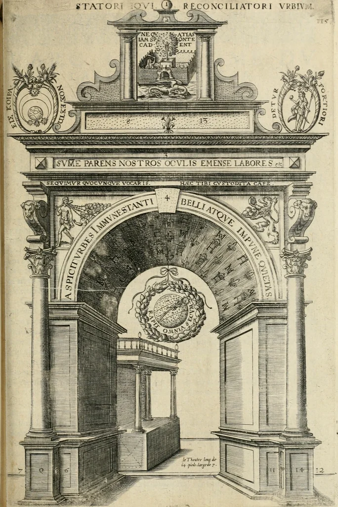 An illustration from Labyrinthe royal de l'Hercule gaulois triomphant : sur le suject des fortunes, batailles, victoires, trophées, triomphes, mariage & autres faicts heroiques & memorables de tres-auguste & tres-chrestien prince Henry IIII roy de France & de Navarre : representé à l'entrée trimphante de la royne en la cité d'Avignon, le 19 nouembre l'an MDC, ou sont contenues les magnificences et triomphes dressez à cet effect par ladicte ville, 1601, leaf 152