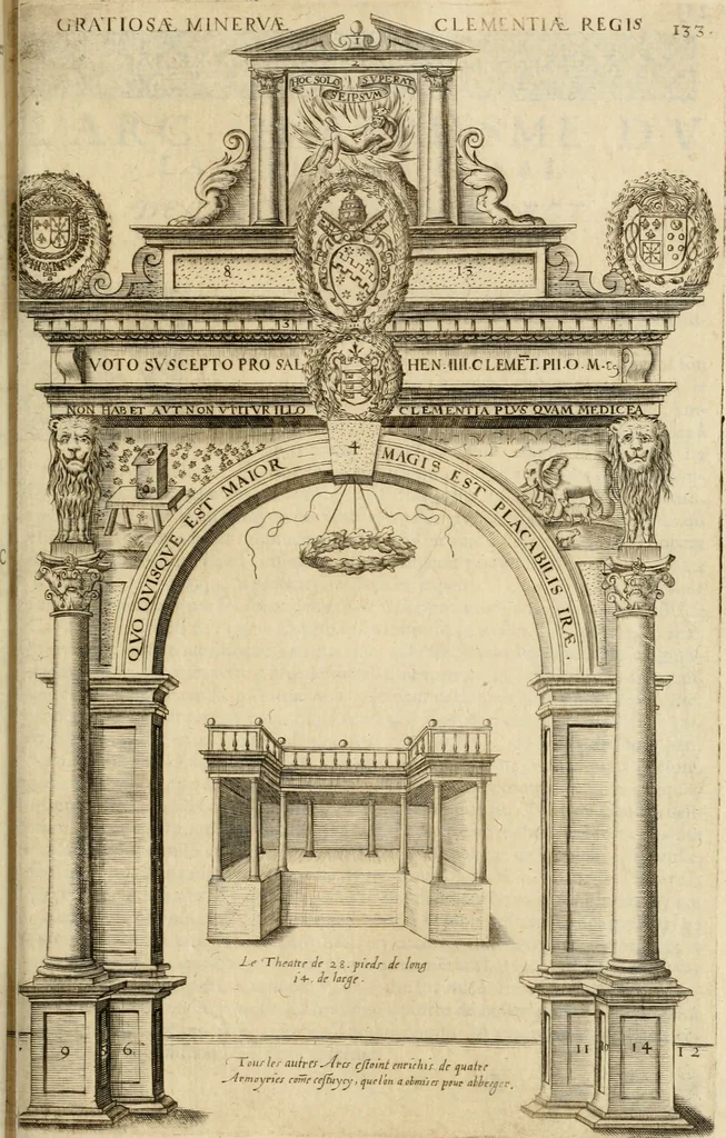 An illustration from Labyrinthe royal de l'Hercule gaulois triomphant : sur le suject des fortunes, batailles, victoires, trophées, triomphes, mariage & autres faicts heroiques & memorables de tres-auguste & tres-chrestien prince Henry IIII roy de France & de Navarre : representé à l'entrée trimphante de la royne en la cité d'Avignon, le 19 nouembre l'an MDC, ou sont contenues les magnificences et triomphes dressez à cet effect par ladicte ville, 1601, leaf 170