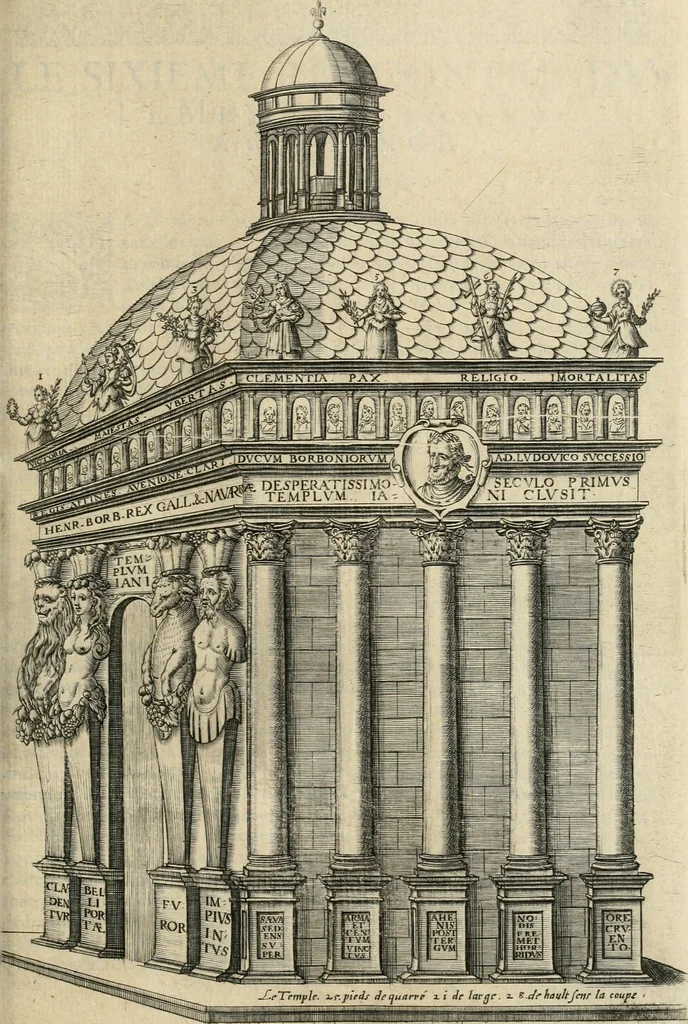 An illustration from Labyrinthe royal de l'Hercule gaulois triomphant : sur le suject des fortunes, batailles, victoires, trophées, triomphes, mariage & autres faicts heroiques & memorables de tres-auguste & tres-chrestien prince Henry IIII roy de France & de Navarre : representé à l'entrée trimphante de la royne en la cité d'Avignon, le 19 nouembre l'an MDC, ou sont contenues les magnificences et triomphes dressez à cet effect par ladicte ville, 1601, leaf 180