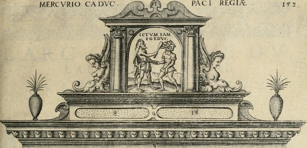 An illustration from Labyrinthe royal de l'Hercule gaulois triomphant : sur le suject des fortunes, batailles, victoires, trophées, triomphes, mariage & autres faicts heroiques & memorables de tres-auguste & tres-chrestien prince Henry IIII roy de France & de Navarre : representé à l'entrée trimphante de la royne en la cité d'Avignon, le 19 nouembre l'an MDC, ou sont contenues les magnificences et triomphes dressez à cet effect par ladicte ville, 1601, leaf 190