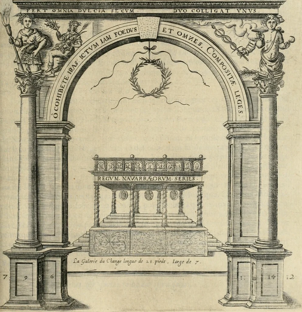 An illustration from Labyrinthe royal de l'Hercule gaulois triomphant : sur le suject des fortunes, batailles, victoires, trophées, triomphes, mariage & autres faicts heroiques & memorables de tres-auguste & tres-chrestien prince Henry IIII roy de France & de Navarre : representé à l'entrée trimphante de la royne en la cité d'Avignon, le 19 nouembre l'an MDC, ou sont contenues les magnificences et triomphes dressez à cet effect par ladicte ville, 1601, leaf 190