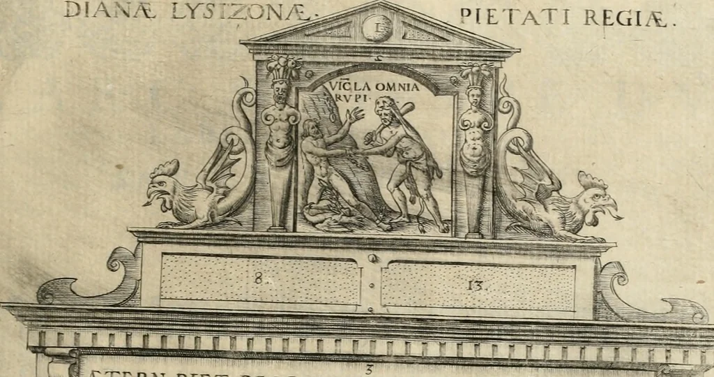 An illustration from Labyrinthe royal de l'Hercule gaulois triomphant : sur le suject des fortunes, batailles, victoires, trophées, triomphes, mariage & autres faicts heroiques & memorables de tres-auguste & tres-chrestien prince Henry IIII roy de France & de Navarre : representé à l'entrée trimphante de la royne en la cité d'Avignon, le 19 nouembre l'an MDC, ou sont contenues les magnificences et triomphes dressez à cet effect par ladicte ville, 1601, leaf 204
