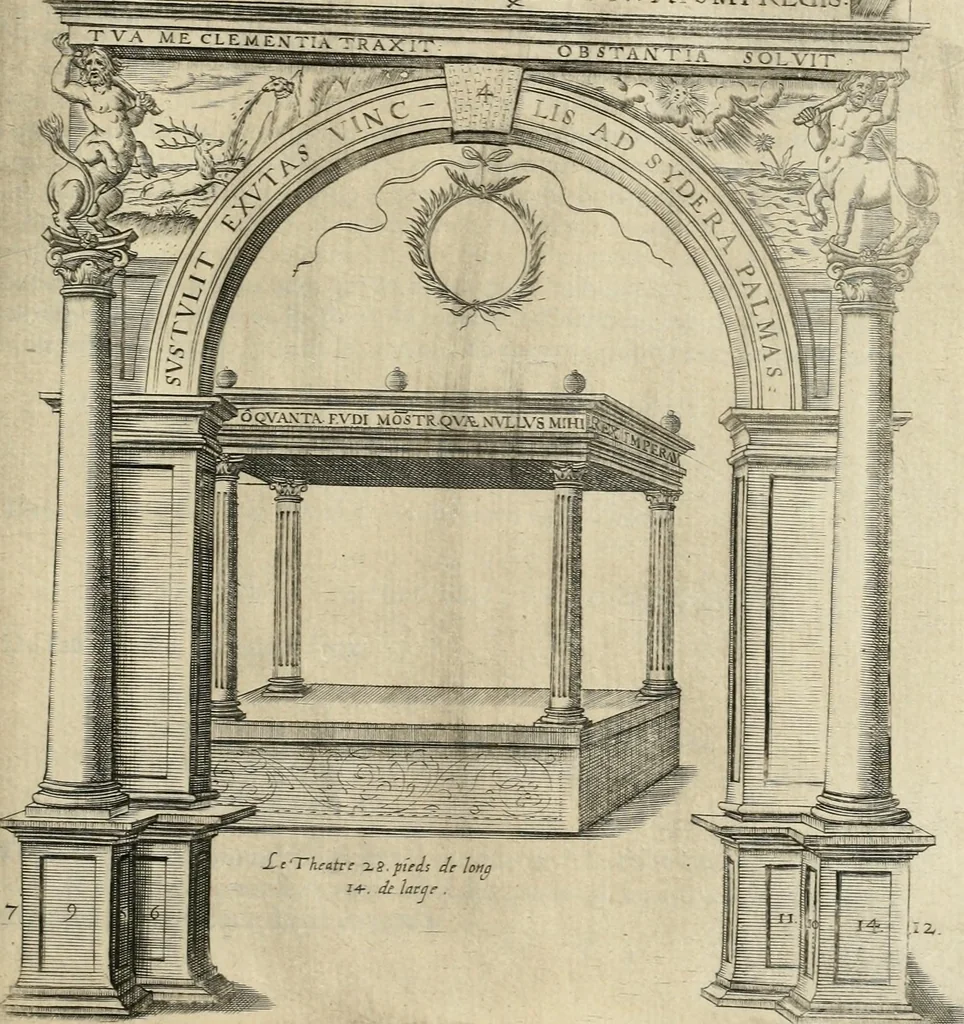 An illustration from Labyrinthe royal de l'Hercule gaulois triomphant : sur le suject des fortunes, batailles, victoires, trophées, triomphes, mariage & autres faicts heroiques & memorables de tres-auguste & tres-chrestien prince Henry IIII roy de France & de Navarre : representé à l'entrée trimphante de la royne en la cité d'Avignon, le 19 nouembre l'an MDC, ou sont contenues les magnificences et triomphes dressez à cet effect par ladicte ville, 1601, leaf 204