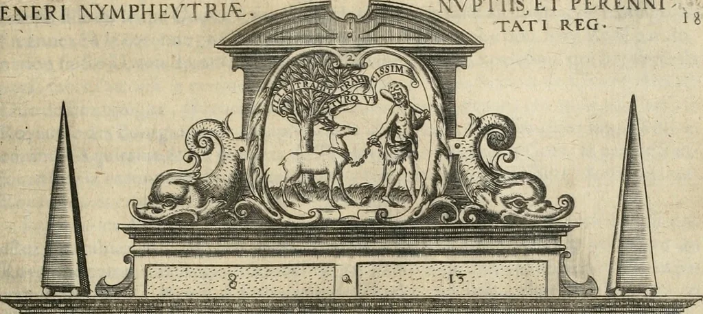 An illustration from Labyrinthe royal de l'Hercule gaulois triomphant : sur le suject des fortunes, batailles, victoires, trophées, triomphes, mariage & autres faicts heroiques & memorables de tres-auguste & tres-chrestien prince Henry IIII roy de France & de Navarre : representé à l'entrée trimphante de la royne en la cité d'Avignon, le 19 nouembre l'an MDC, ou sont contenues les magnificences et triomphes dressez à cet effect par ladicte ville, 1601, leaf 224