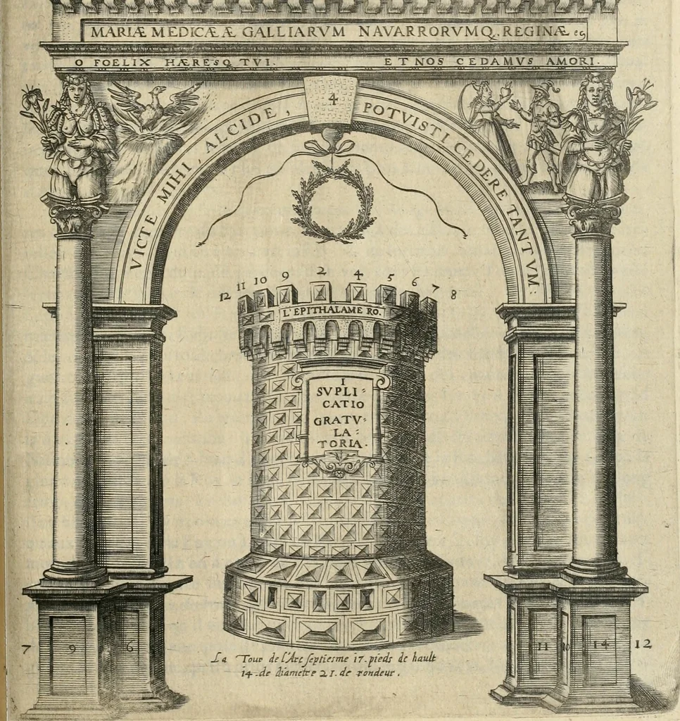An illustration from Labyrinthe royal de l'Hercule gaulois triomphant : sur le suject des fortunes, batailles, victoires, trophées, triomphes, mariage & autres faicts heroiques & memorables de tres-auguste & tres-chrestien prince Henry IIII roy de France & de Navarre : representé à l'entrée trimphante de la royne en la cité d'Avignon, le 19 nouembre l'an MDC, ou sont contenues les magnificences et triomphes dressez à cet effect par ladicte ville, 1601, leaf 224