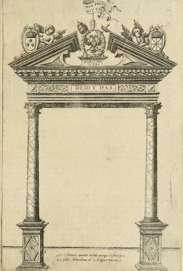 An illustration from Labyrinthe royal de l'Hercule gaulois triomphant : sur le suject des fortunes, batailles, victoires, trophées, triomphes, mariage & autres faicts heroiques & memorables de tres-auguste & tres-chrestien prince Henry IIII roy de France & de Navarre : representé à l'entrée trimphante de la royne en la cité d'Avignon, le 19 nouembre l'an MDC, ou sont contenues les magnificences et triomphes dressez à cet effect par ladicte ville, 1601, leaf 242