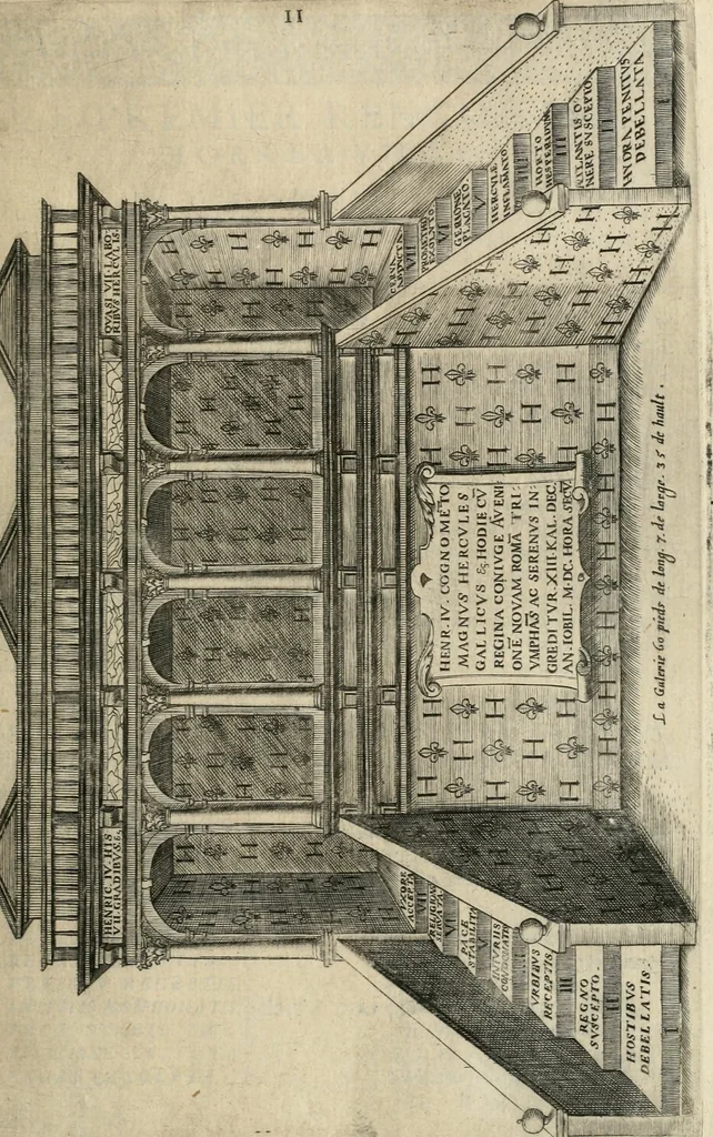 An illustration from Labyrinthe royal de l'Hercule gaulois triomphant : sur le suject des fortunes, batailles, victoires, trophées, triomphes, mariage & autres faicts heroiques & memorables de tres-auguste & tres-chrestien prince Henry IIII roy de France & de Navarre : representé à l'entrée trimphante de la royne en la cité d'Avignon, le 19 nouembre l'an MDC, ou sont contenues les magnificences et triomphes dressez à cet effect par ladicte ville, 1601, leaf 48