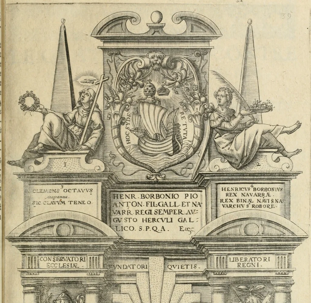 An illustration from Labyrinthe royal de l'Hercule gaulois triomphant : sur le suject des fortunes, batailles, victoires, trophées, triomphes, mariage & autres faicts heroiques & memorables de tres-auguste & tres-chrestien prince Henry IIII roy de France & de Navarre : representé à l'entrée trimphante de la royne en la cité d'Avignon, le 19 nouembre l'an MDC, ou sont contenues les magnificences et triomphes dressez à cet effect par ladicte ville, 1601, leaf 76