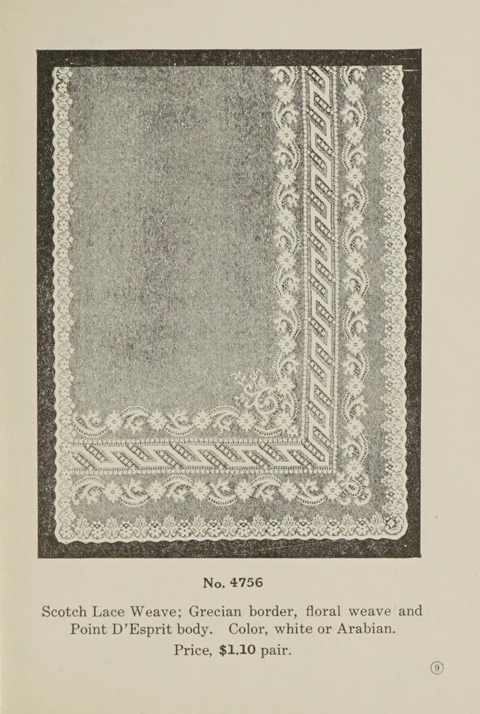 An illustration from Lace curtains : Nottingham, bobbinette, corded Arabians ... custom made draperies, laces, over drapes, bed sets, door panels, 1910, leaf 11