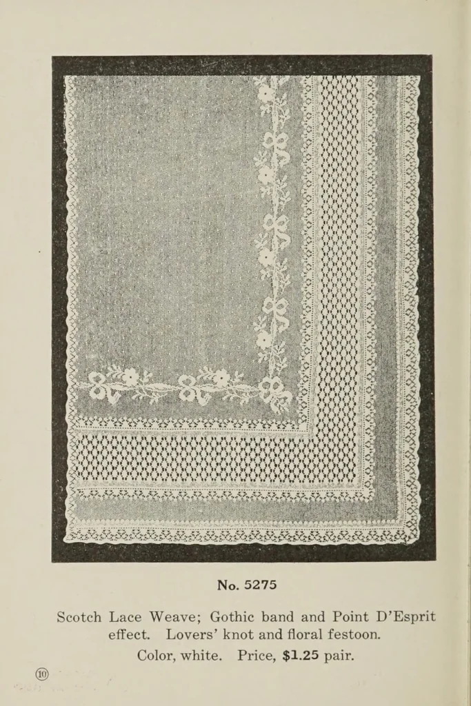 An illustration from Lace curtains : Nottingham, bobbinette, corded Arabians ... custom made draperies, laces, over drapes, bed sets, door panels, 1910, leaf 12