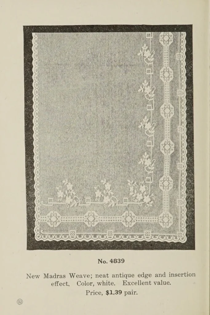 An illustration from Lace curtains : Nottingham, bobbinette, corded Arabians ... custom made draperies, laces, over drapes, bed sets, door panels, 1910, leaf 14