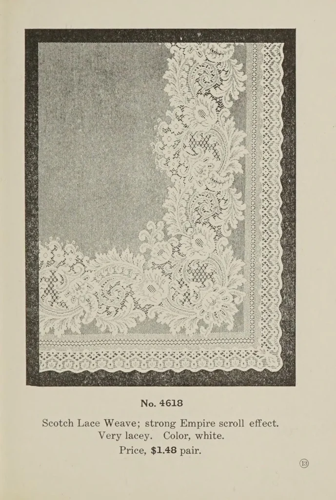 An illustration from Lace curtains : Nottingham, bobbinette, corded Arabians ... custom made draperies, laces, over drapes, bed sets, door panels, 1910, leaf 15