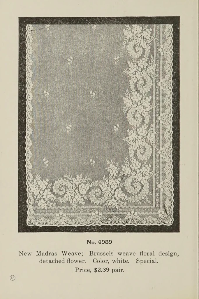 An illustration from Lace curtains : Nottingham, bobbinette, corded Arabians ... custom made draperies, laces, over drapes, bed sets, door panels, 1910, leaf 20