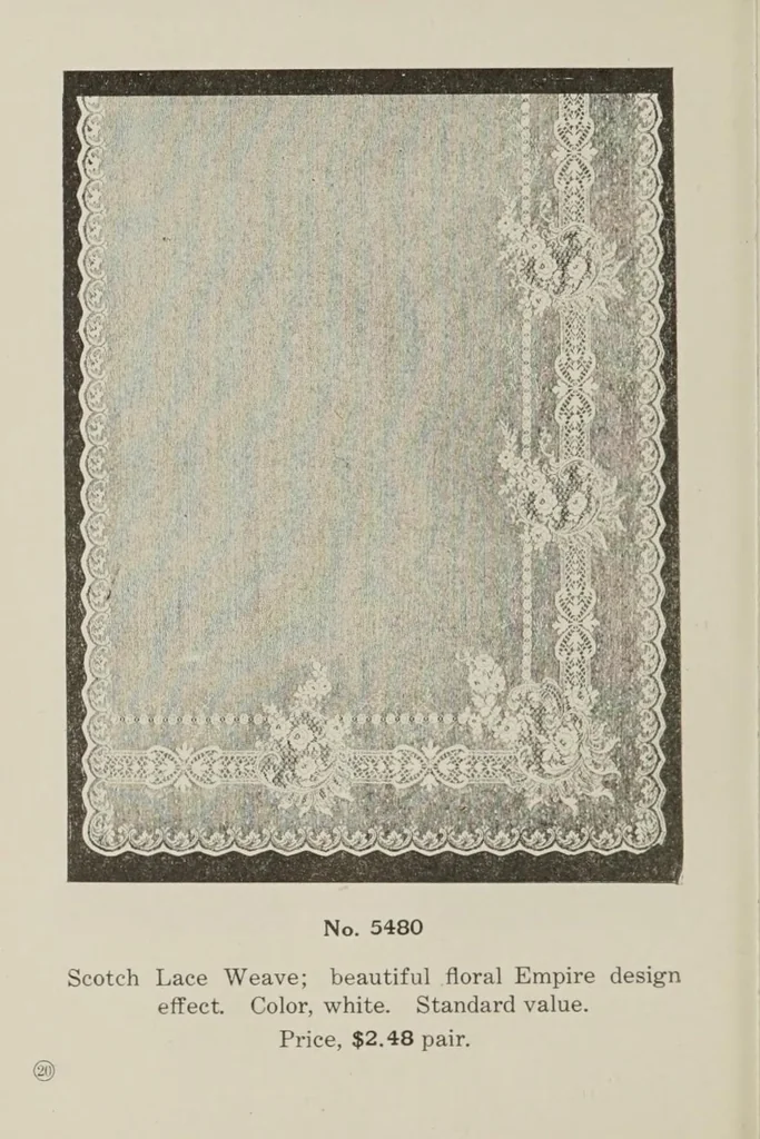 An illustration from Lace curtains : Nottingham, bobbinette, corded Arabians ... custom made draperies, laces, over drapes, bed sets, door panels, 1910, leaf 22